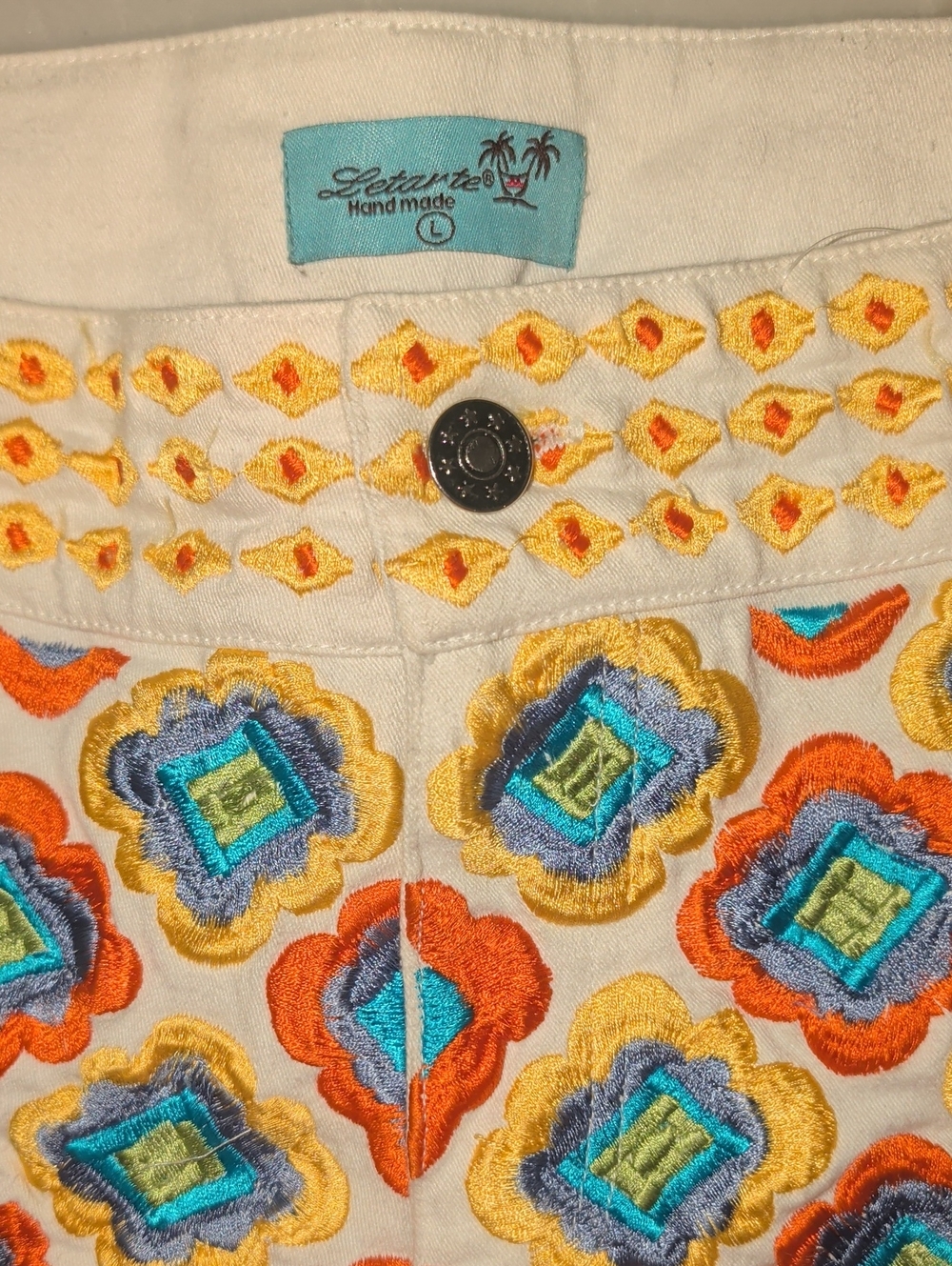 Letarte Handmade White Cotton Shorts with Bright Multicolor Floral Embroidery